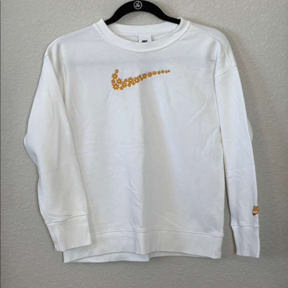 Nike White Sweatshirt with Floral Gold Swoosh. Girls size Large